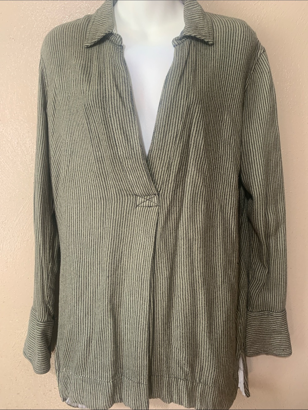 Free People size M Olive Green Striped Open-Collar Top